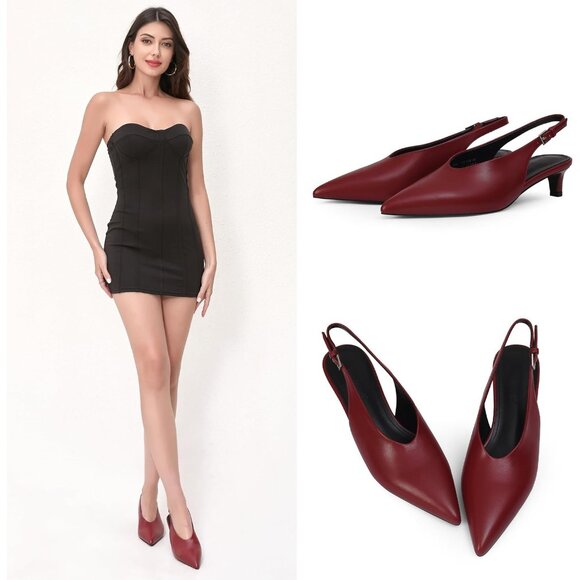 ⚡Women's Red Slingback  2 IN Kitten Heels Pointed Toe Low Heel Faux Leather - Picture 5 of 5
